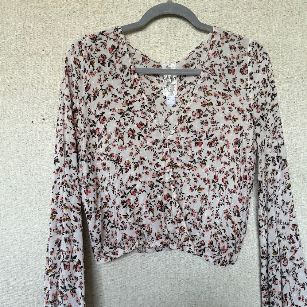 Floral Wrap Style Crop Blouse with Bell Sleeves